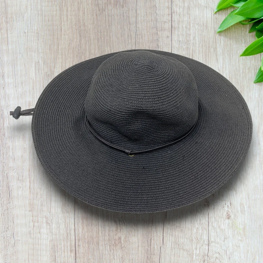 San Diego Hat Co Black Wide Brim Sun Hat Chin Strap Woven Beach M UPF Style